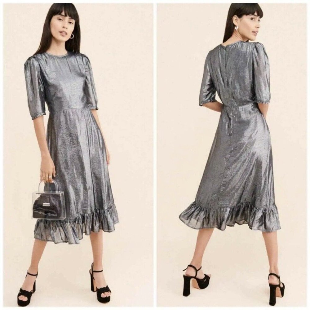 Sister Paul & Joe Anthropologie Majestee Metallic Silver Midi Dress